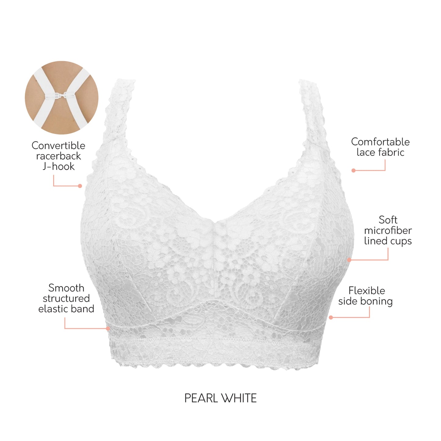 PARFAIT Adriana P5482 Women's Curvy and Full Bust Supportive Wire-free Lace Bra - Pearl white