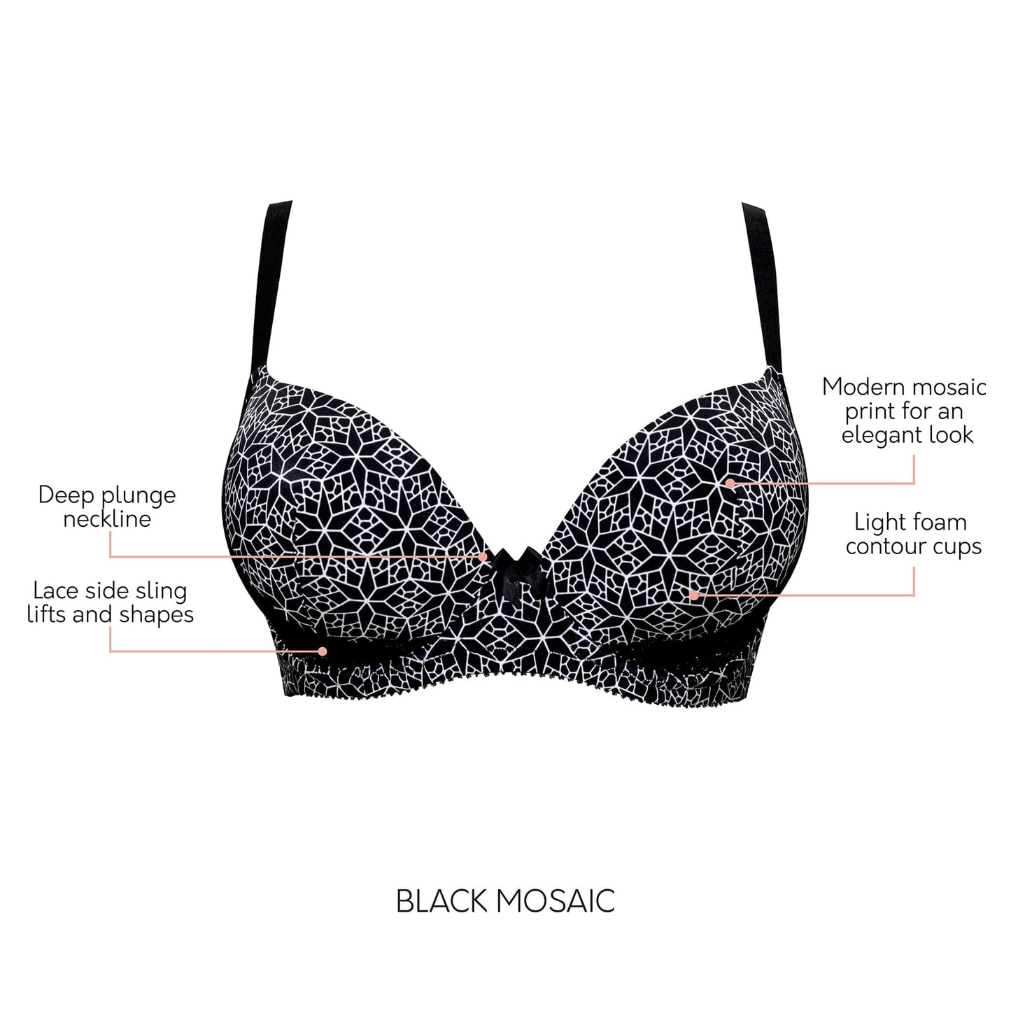 Casey Full Bust Padded Plunge T-Shirt Bra - Mosaic Black