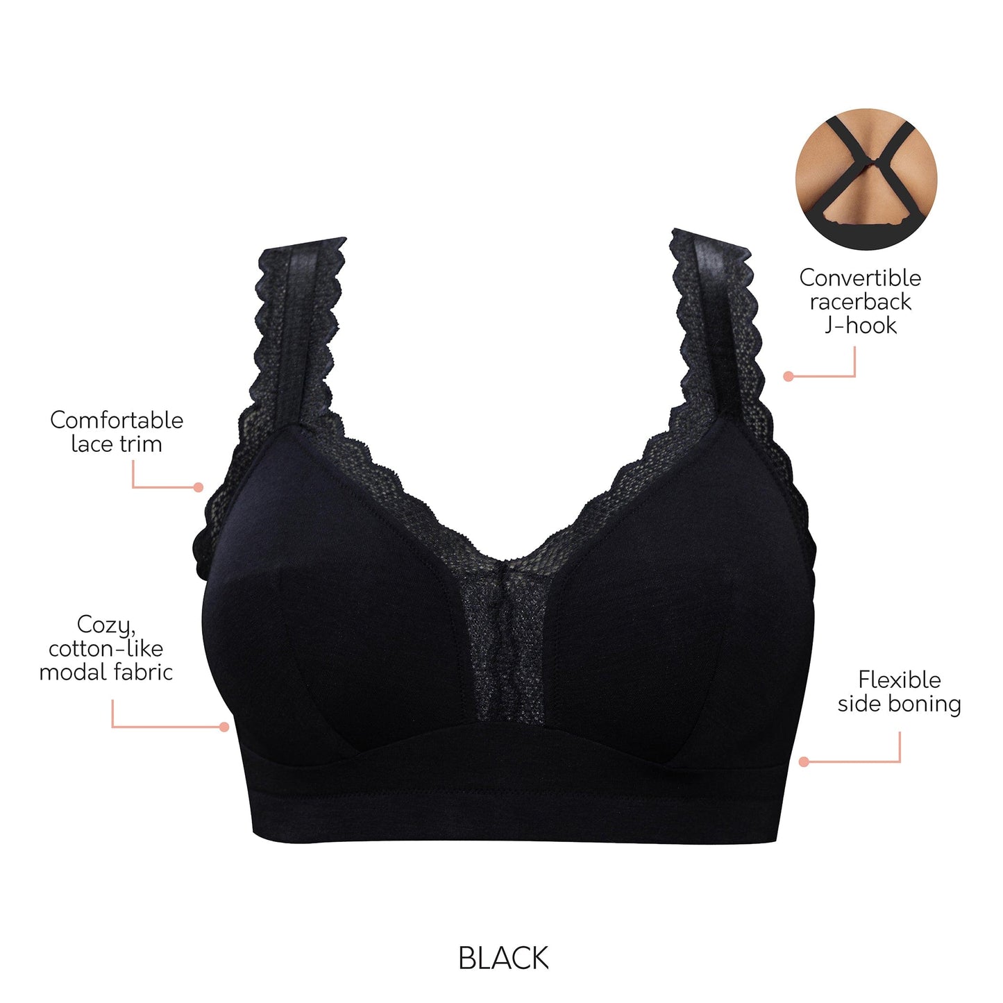 PARFAIT Dalis P5641 Women's Full Busted and Curvy Wire Free Bralette - Black