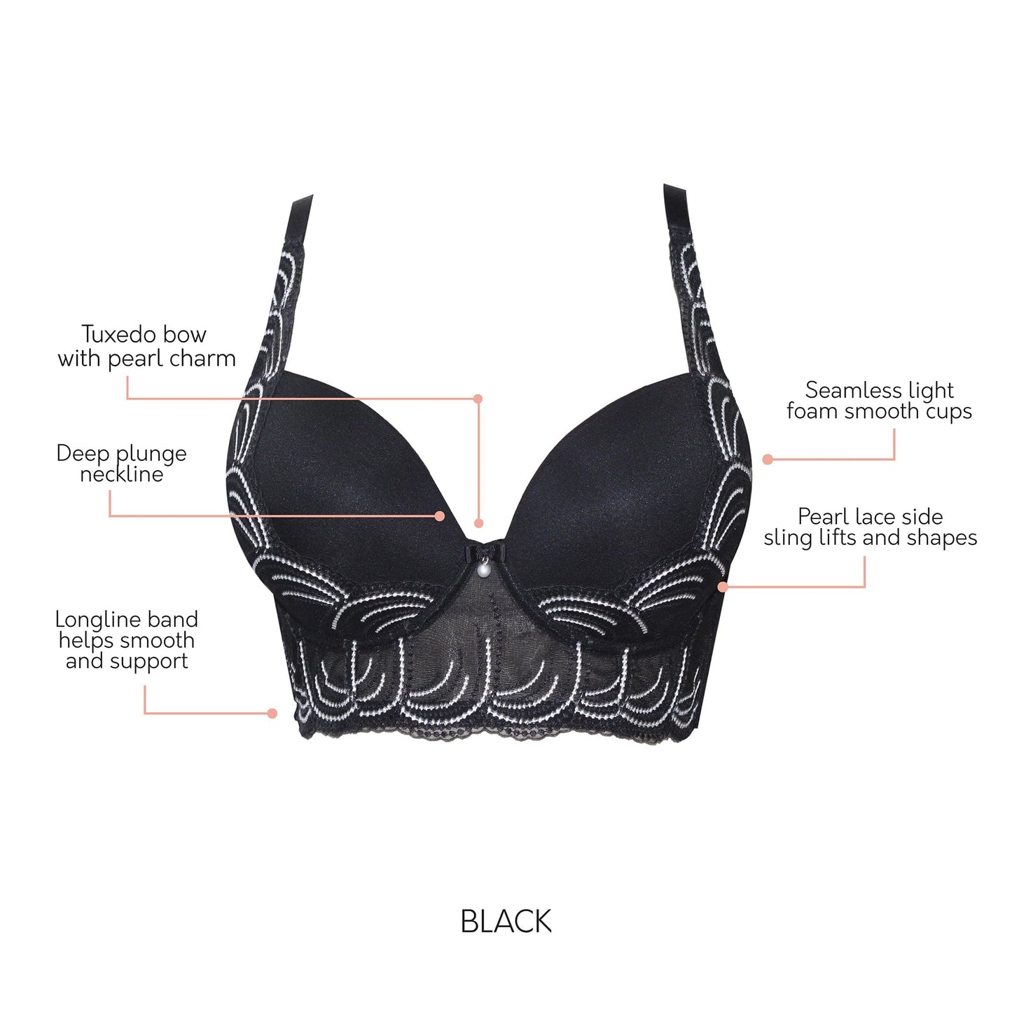 Pearl Full Bust Longline Plunge Bra - Black