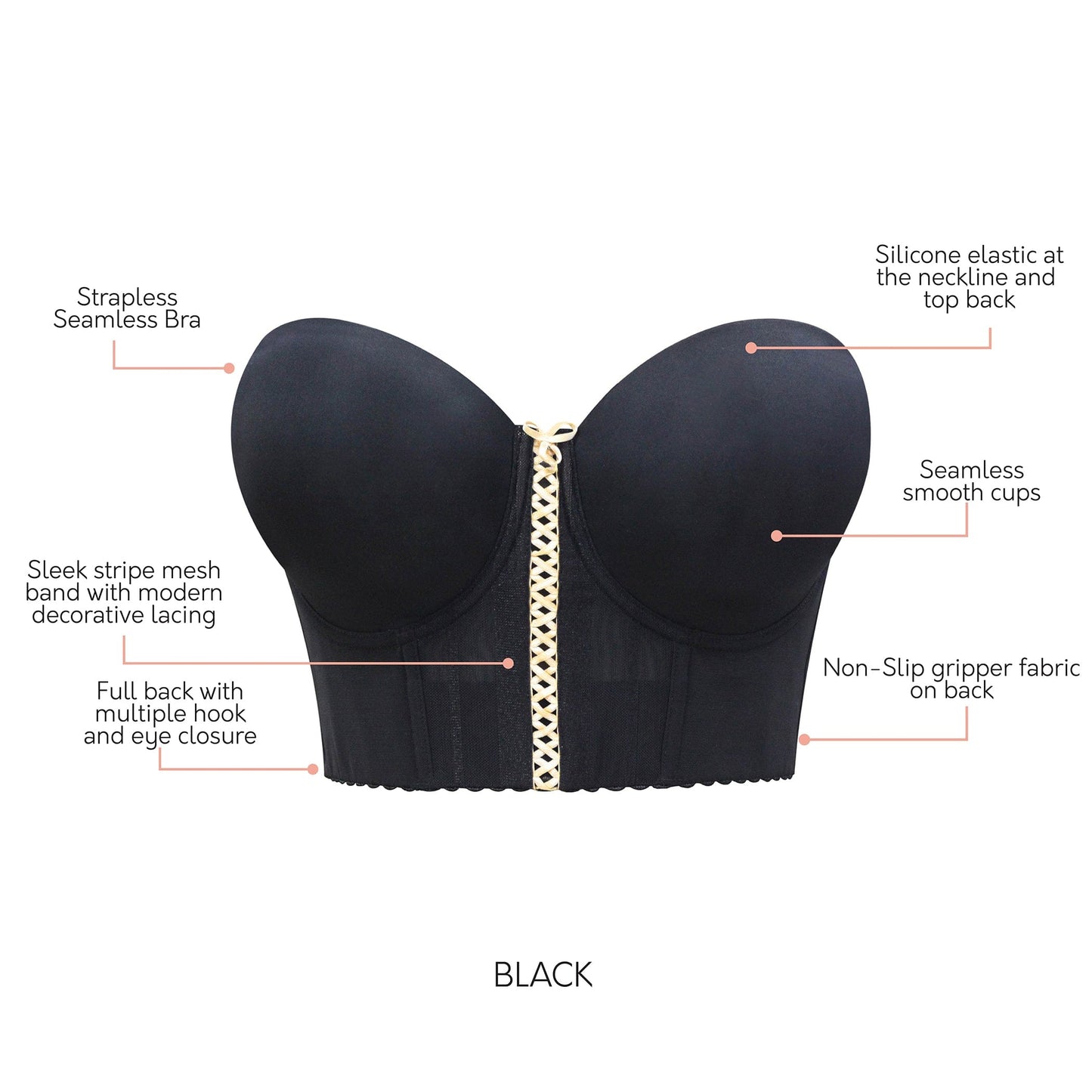 Shea Full Bust Longline Strapless Bra - Black