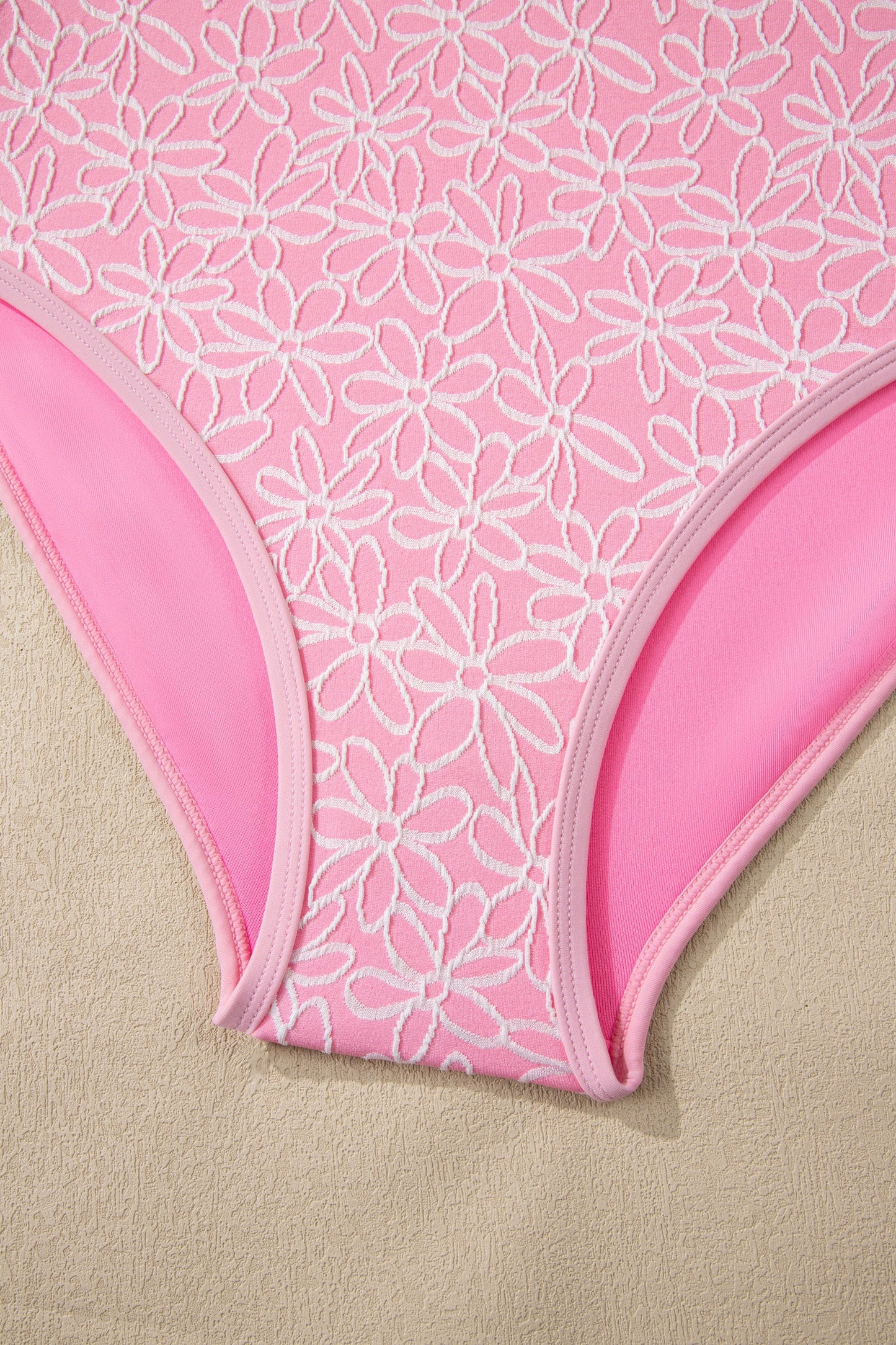 Pink Corded Flower Texture Spaghetti Straps Halterneck One Piece Swimsuit