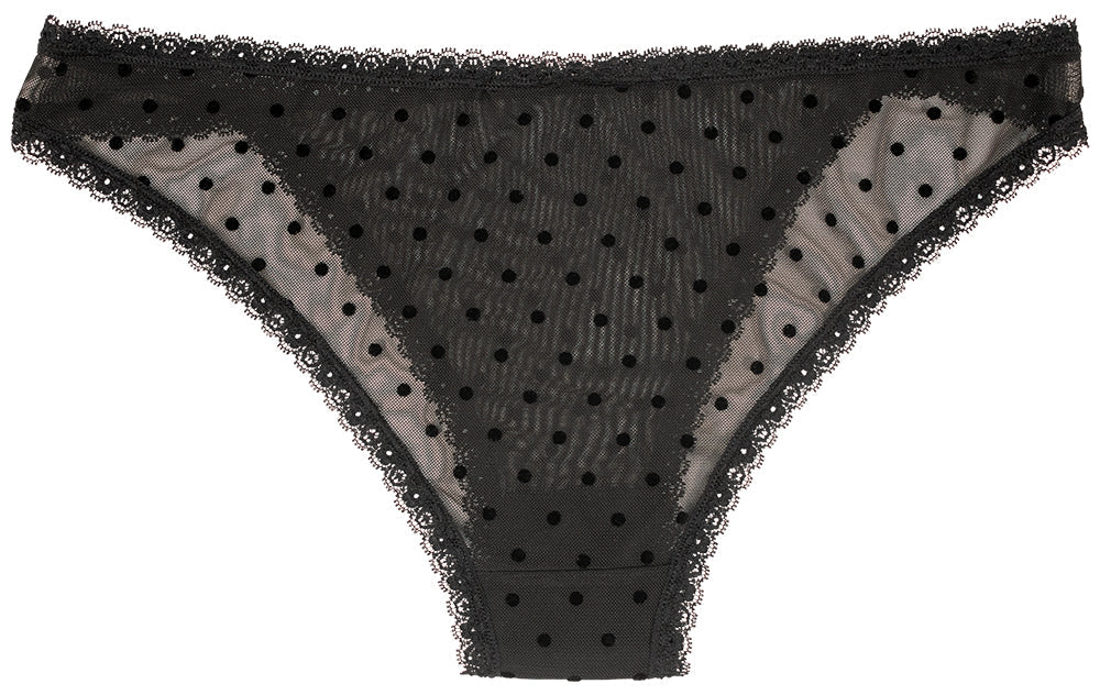 Flocked Polka Dot Mesh Cheeky with Lace Details