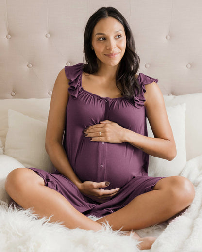 Ruffle Strap Labor & Delivery Gown | Burgundy Plum