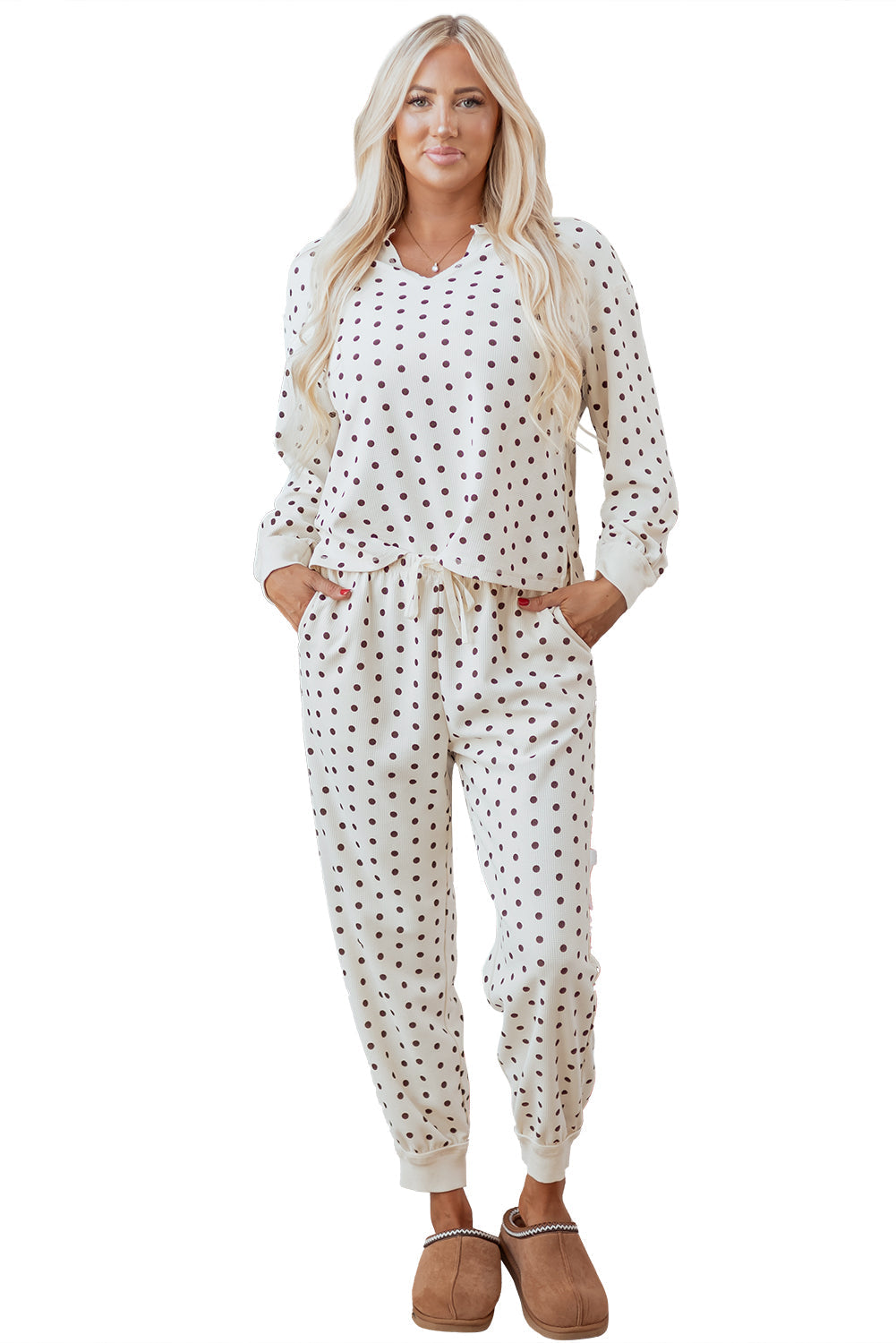 Polka Dot Waffle Knit Top and Pants Lounge Set