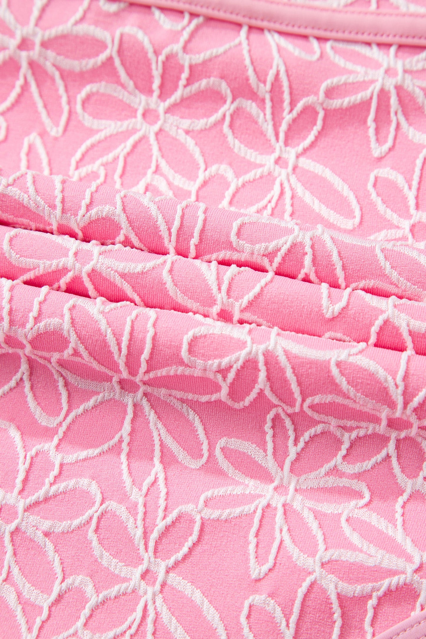 Pink Corded Flower Texture Spaghetti Straps Halterneck One Piece Swimsuit