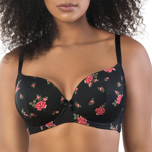 PARFAIT Casey 2801 Women's Wired Padded Plunge Seamless T-shirt Bra - Black w/ Rose Print