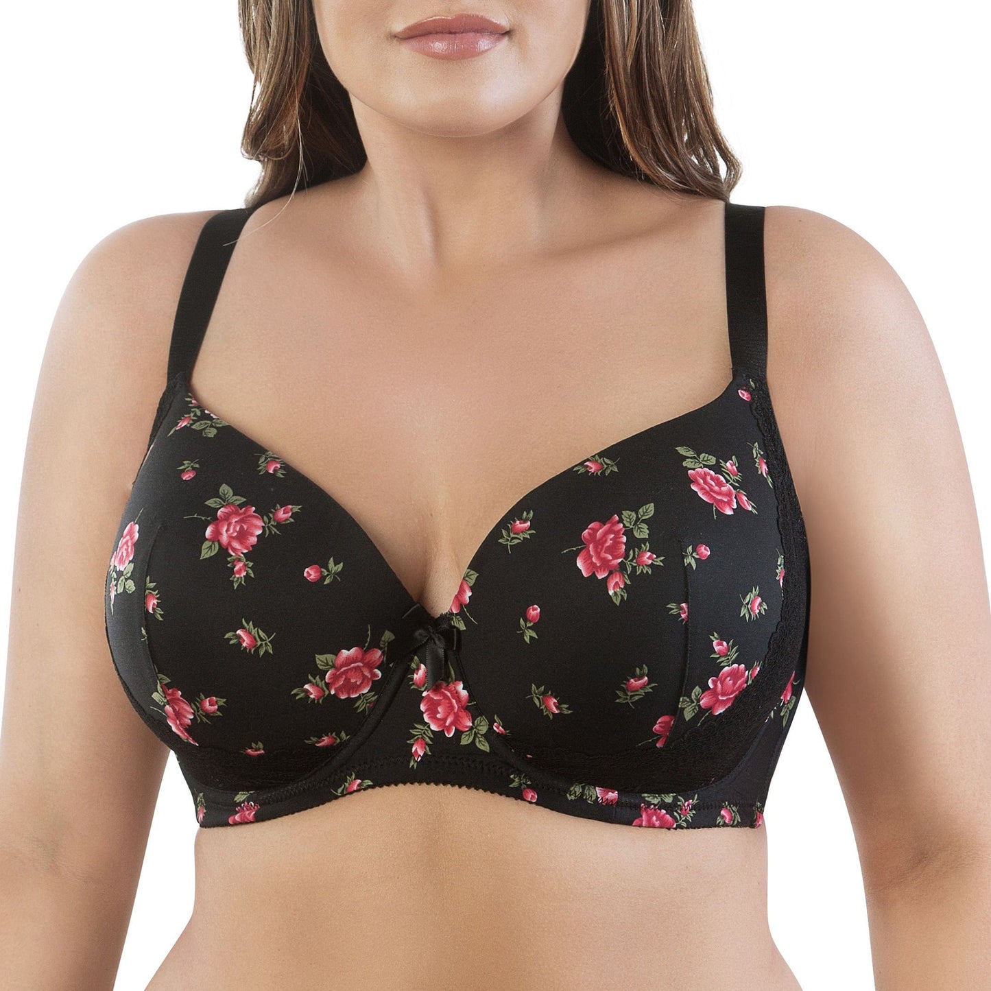 PARFAIT Casey 2801 Women's Wired Padded Plunge Seamless T-shirt Bra - Black w/ Rose Print