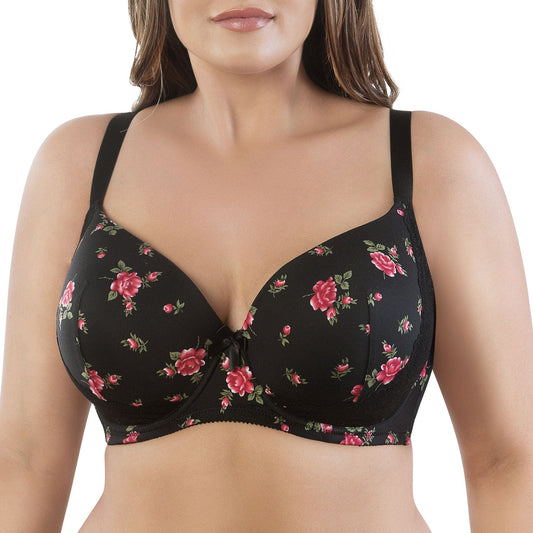 PARFAIT Casey 2801 Women's Wired Padded Plunge Seamless T-shirt Bra - Black w/ Rose Print