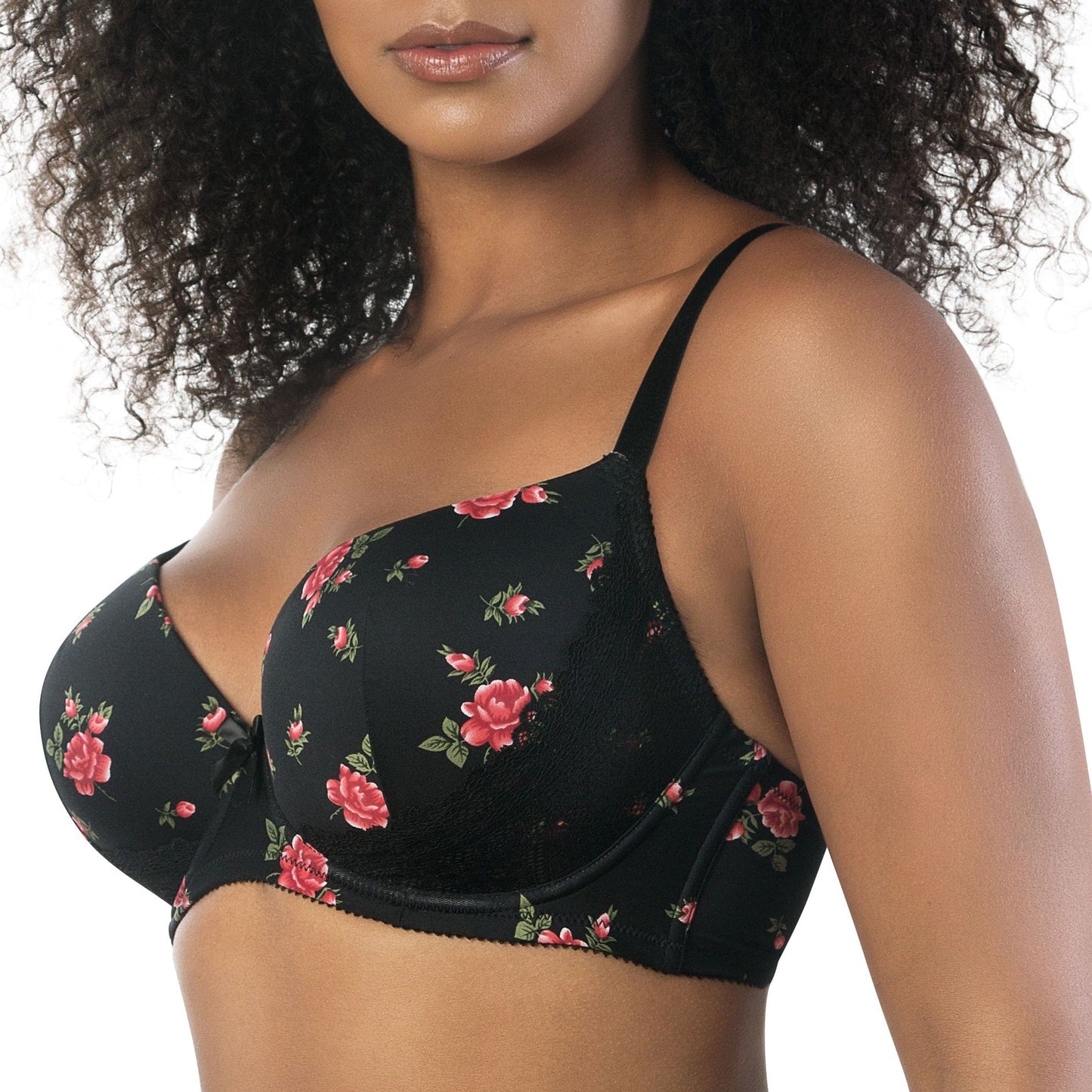 PARFAIT Casey 2801 Women's Wired Padded Plunge Seamless T-shirt Bra - Black w/ Rose Print