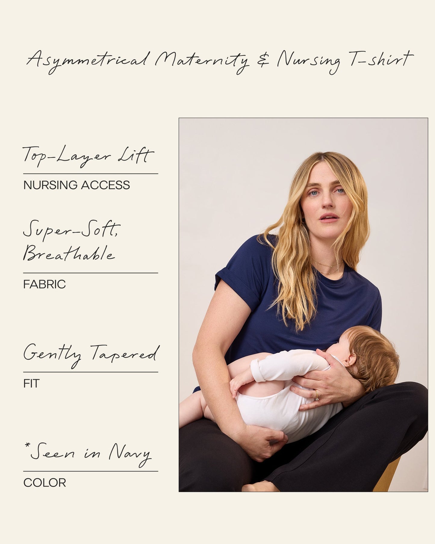 Woman breastfeeding a baby wearing an asymmetrical maternity & nursing t-shirt with text detailing features.