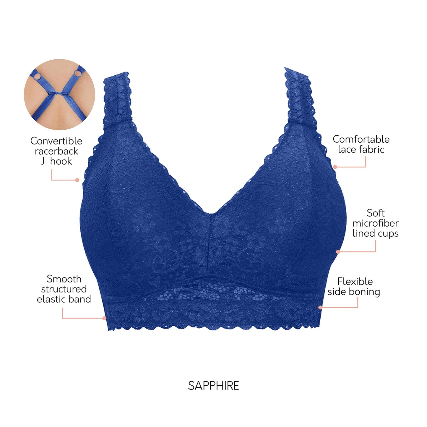 PARFAIT Adriana P5482 Women's Curvy and Full Bust Supportive Wire-free Lace Bra  - Sapphire