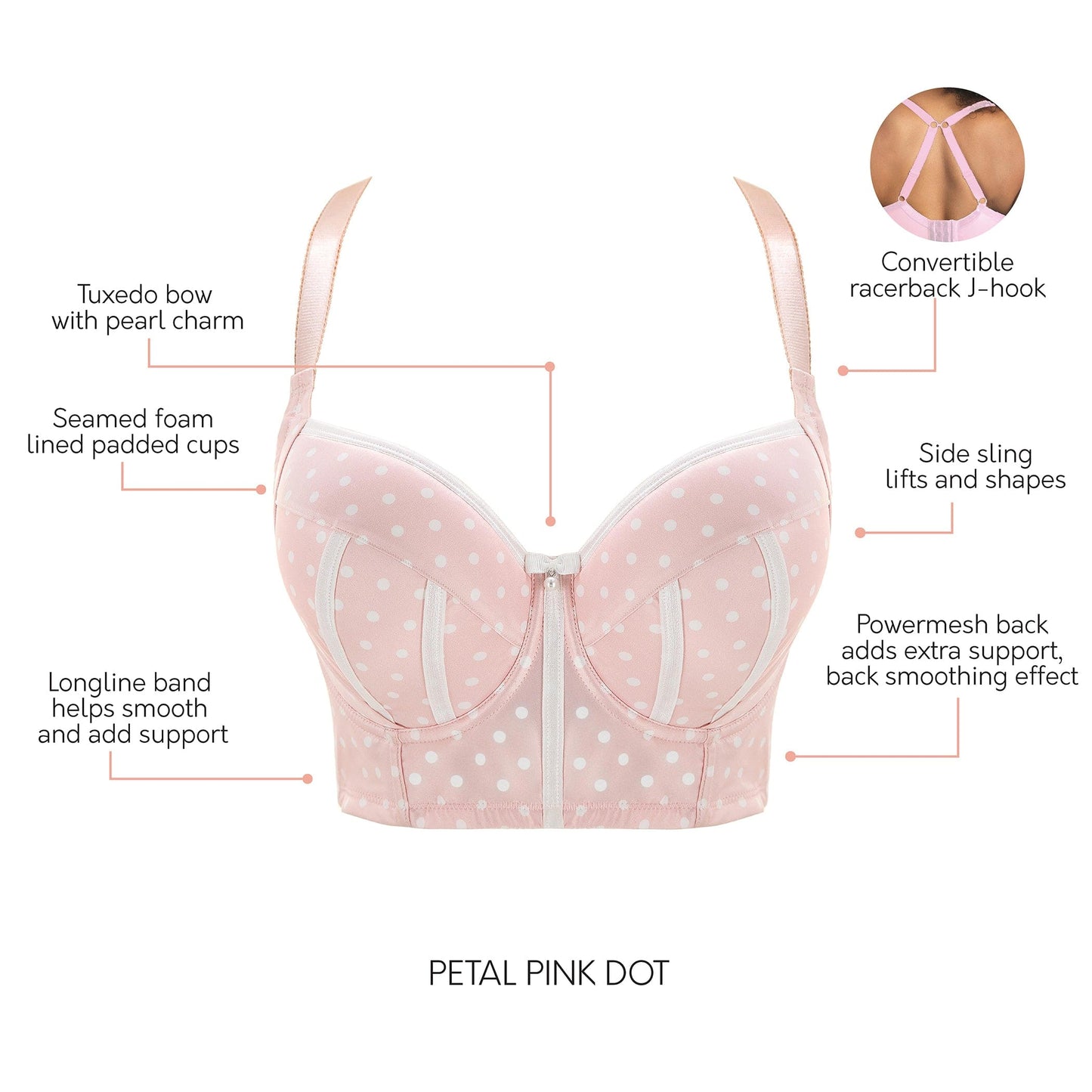 Charlotte Full Bust Padded Longline Bra - Petal Pink Dot