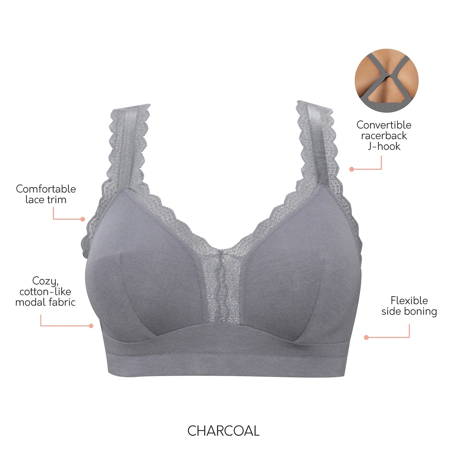 PARFAIT Dalis P5641 Women's Full Busted and Curvy Wire Free Bralette  - Charcoal