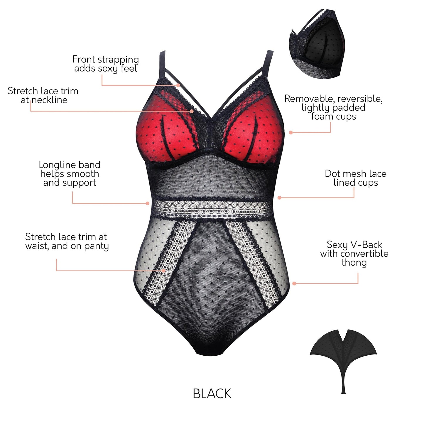 PARFAIT Mia Dot P6017 Women's Sexy Wire-free Bodysuit Lingerie - Black