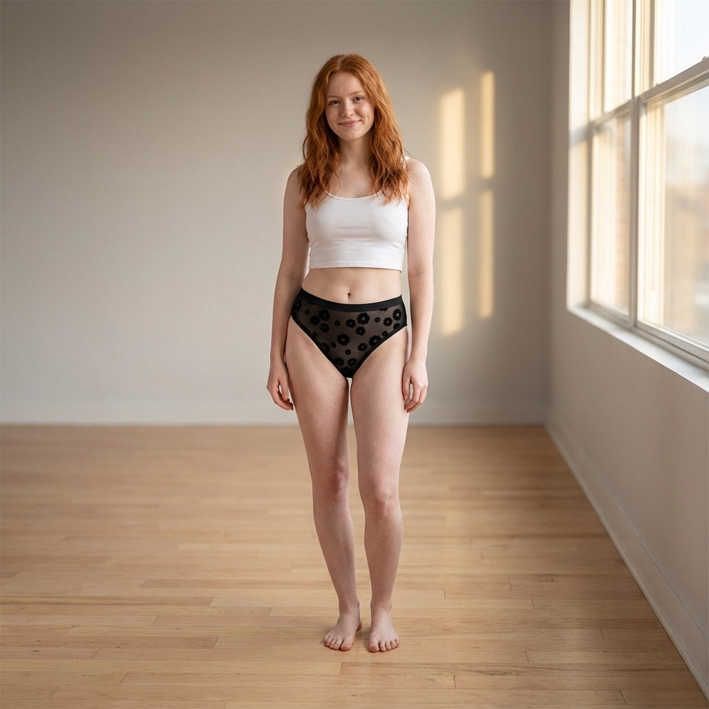 Black Daisy Flocked Mesh High Waist Bikini