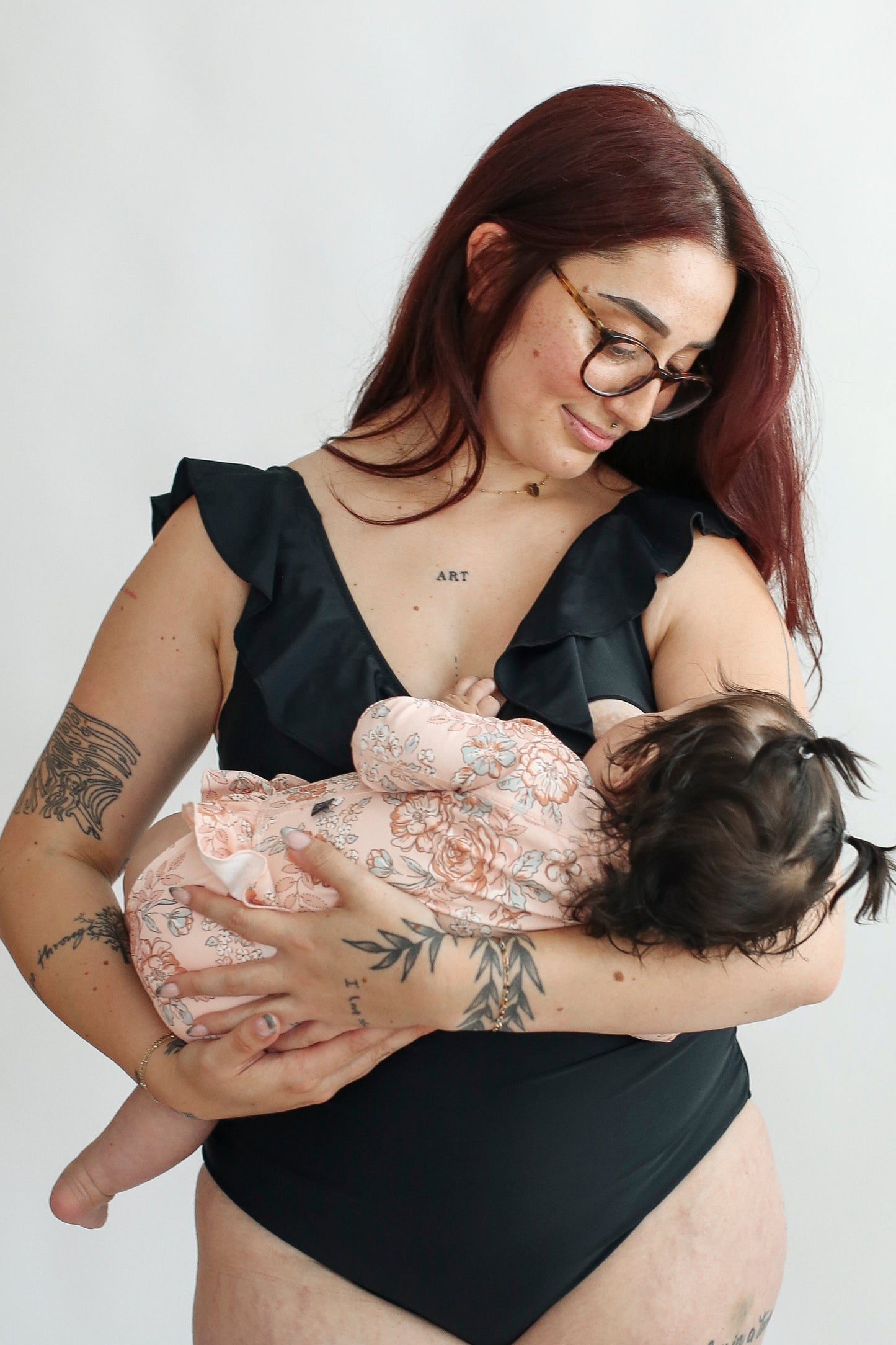 Lace Up Ruffle Neck One Piece Breastfeeding Swimsuit