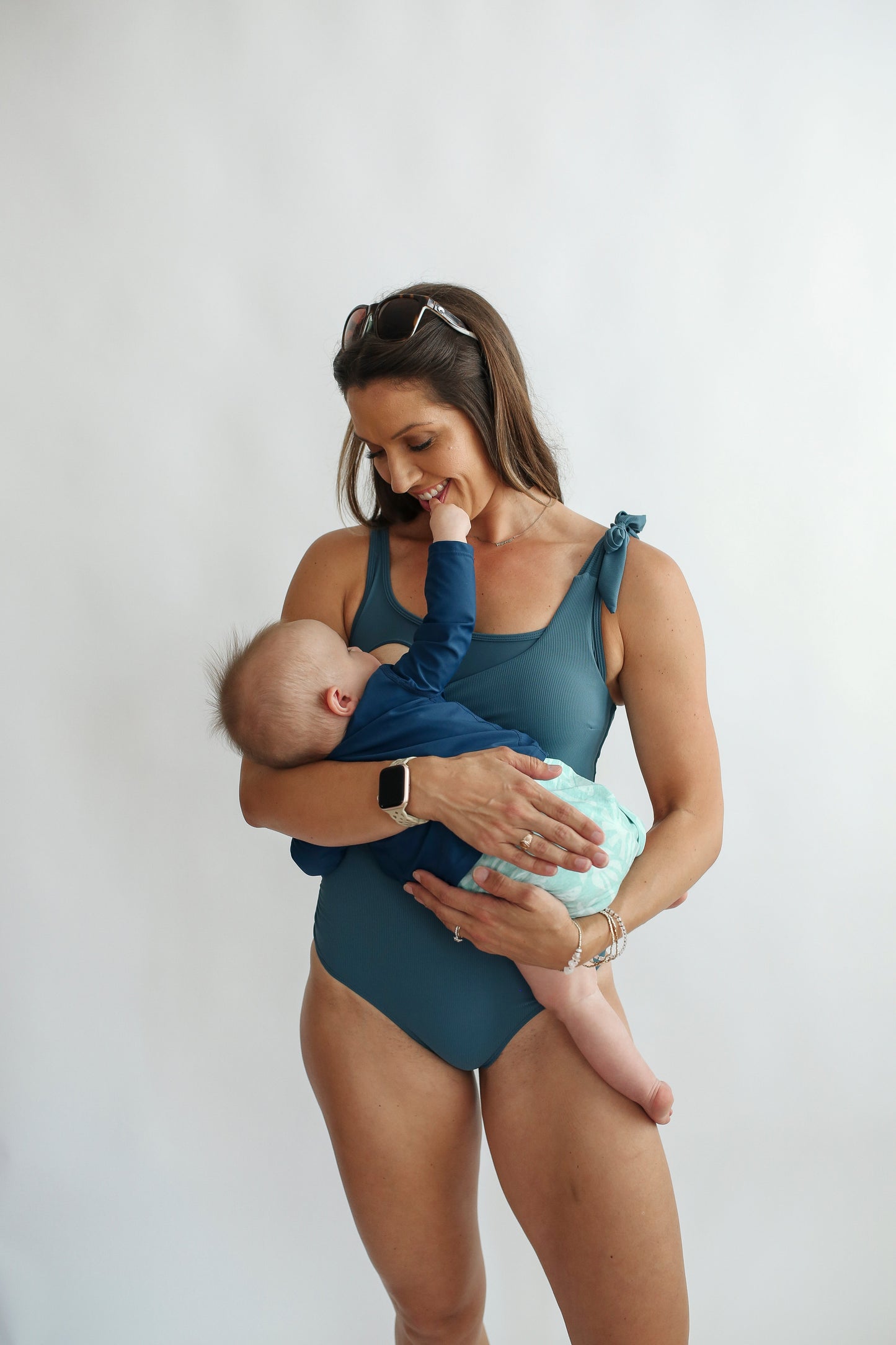 Ribbed One Piece Tie Shoulder Breastfeeding Swimsuit