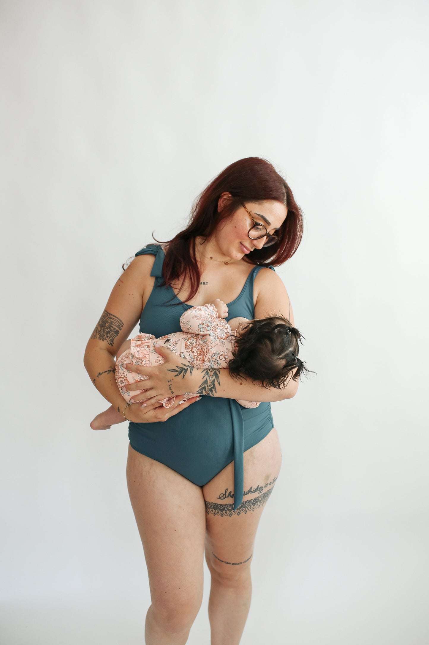 Ribbed One Piece Tie Shoulder Breastfeeding Swimsuit